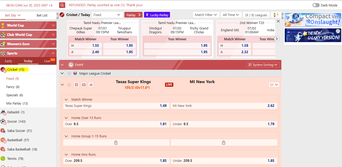 12bet cricket betting page